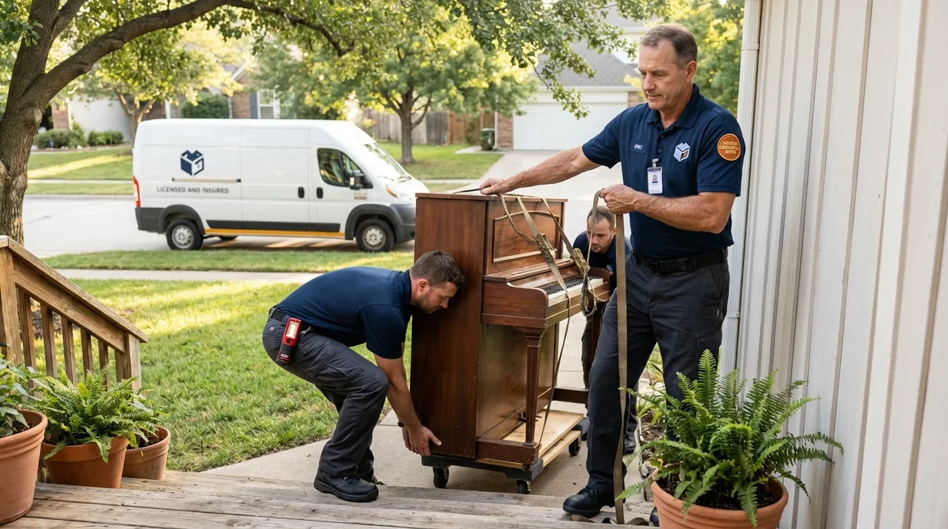 Licensed piano movers securing grand piano in Elk Point, SD