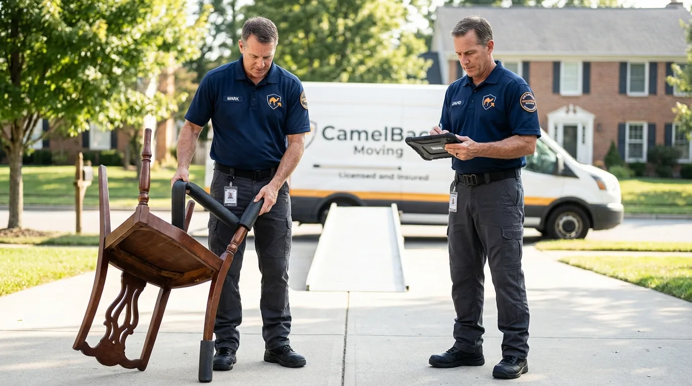 Movers inspecting furniture for damage prevention before loading in Elk Point, SD