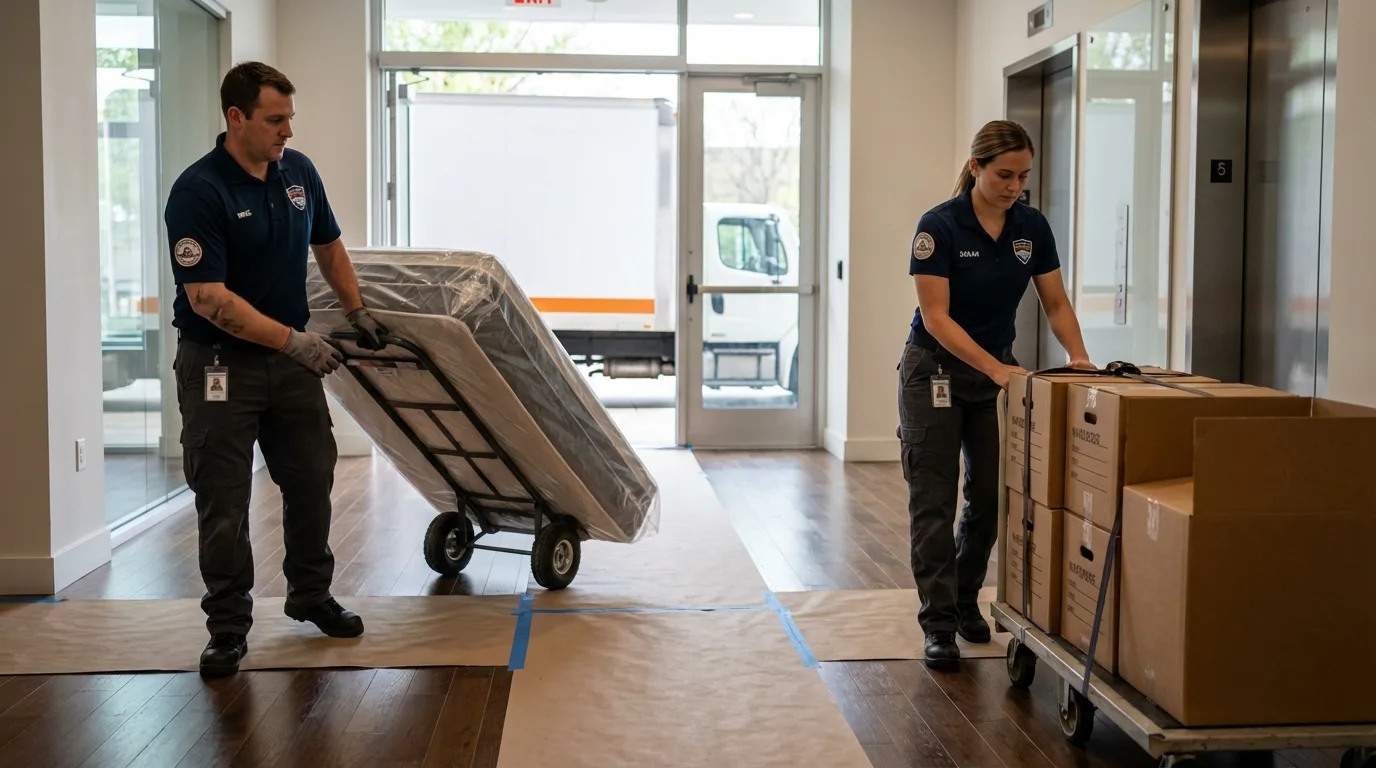 Professional apartment movers loading elevator in Elk Point, SD